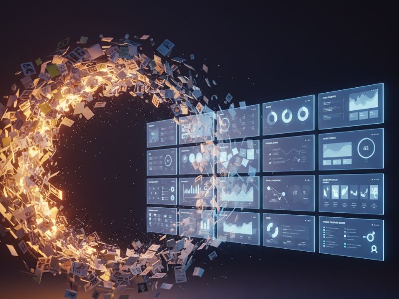 Swirling vortex of digital elements merging into a wall of screens—illustrating seamless data integration and automated presentation design with Tome AI creation."