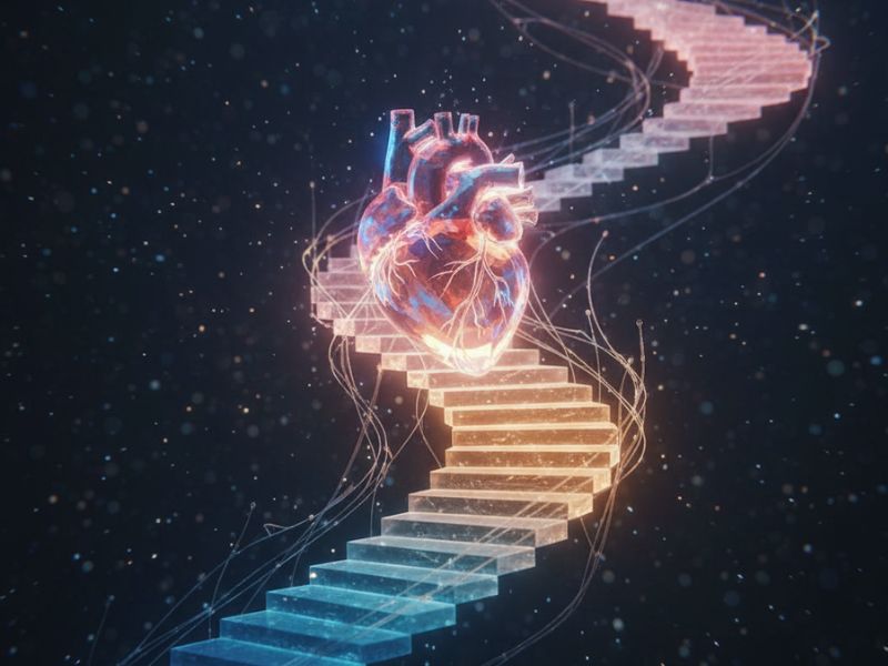 “A radiant heart climbs a staircase of light into a cosmic sky—evoking a self-worth boost through spiritual elevation and emotional healing.”