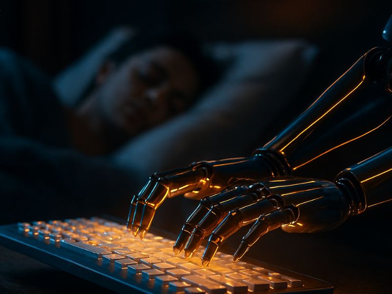 Glowing robotic hand typing on a keyboard beside a sleeping figure—symbolizing silent overnight productivity and seamless automation with AI."