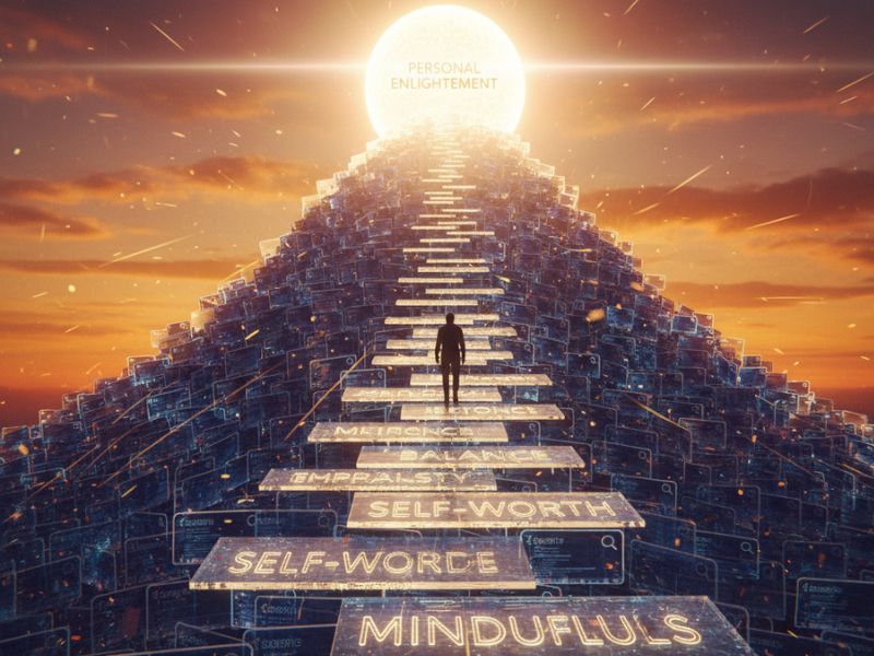A pyramid of steps labeled ‘SELF-AWARENESS,’ ‘MINDFULNESS,’ and ‘SELF-KNOWING’ rises toward a glowing light—representing a self-worth boost through conscious growth and purpose.”