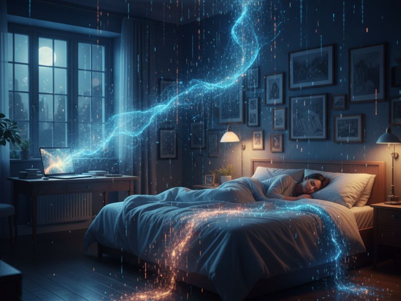 "Person sleeping peacefully as glowing data streams flow into the room—evoking effortless task execution and energy-efficient automation with AI."