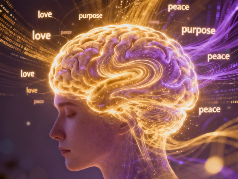 “A luminous brain surrounded by words like ‘love,’ ‘truth,’ and ‘peace’—illustrating a self-worth boost through cognitive clarity and emotional alignment.”