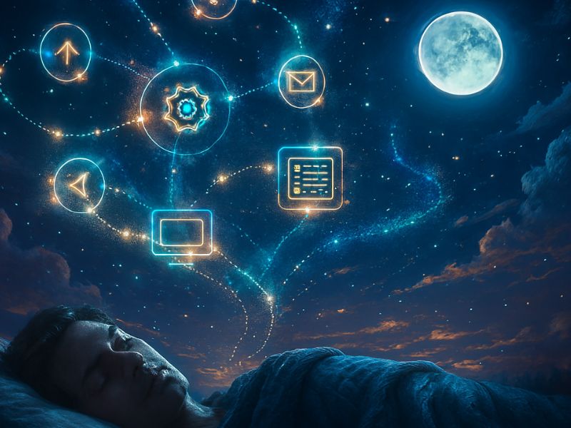 Network of glowing workflow icons forming constellations in the night sky—representing cloud-based systems and intuitive automation with AI."