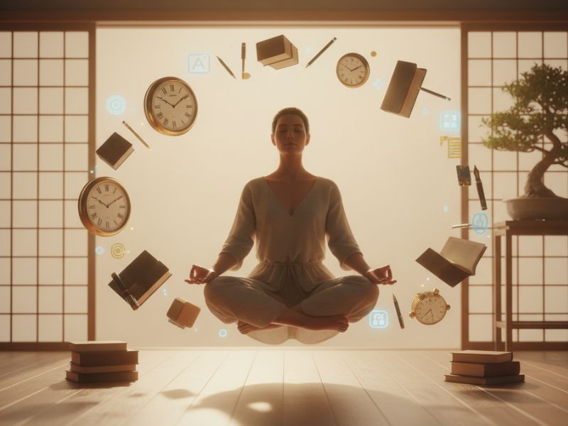 “A person levitates in meditation surrounded by floating books and clocks—symbolizing an effortless focus technique that transcends time and mental clutter.”