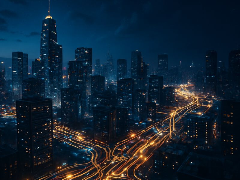 "Futuristic city at night with glowing light trails weaving through streets—depicting smart infrastructure and urban-scale automation with AI."