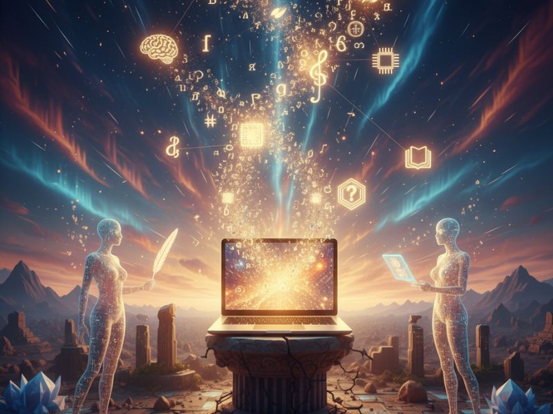 Person standing before a radiant laptop emitting digital symbols—capturing the mystery and creative force behind Claude AI writing and intelligent content generation."