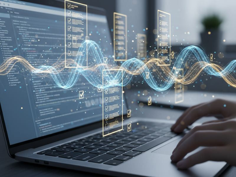 Laptop emitting digital data and holographic elements—illustrating automated meeting documentation and task tracking using Fathom meeting notes and AI meeting assistant."