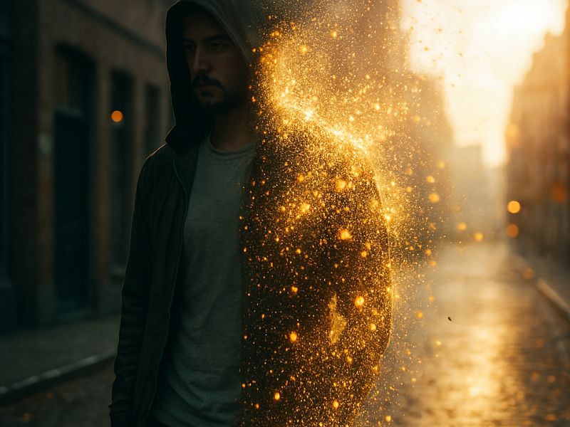 Cinematic portrait of a person dissolving into luminous dust, illustrating AI photo enhancement erasing elements with emotional precision and surreal realism.”