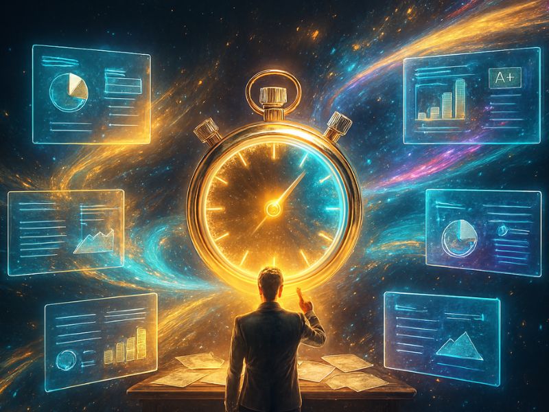 User immersed in a futuristic workspace surrounded by holographic screens and a radiant circular interface, representing the analytical depth and real-time editing power of a presentation AI tool.