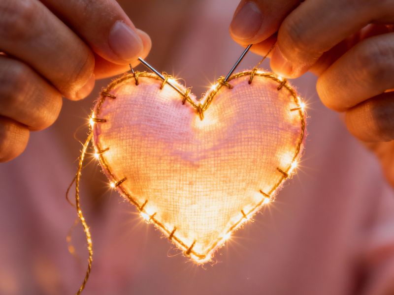 Two hands cradle a glowing heart made of string lights—symbolizing warmth, connection, and the emotional core of mental health for parents and children.”