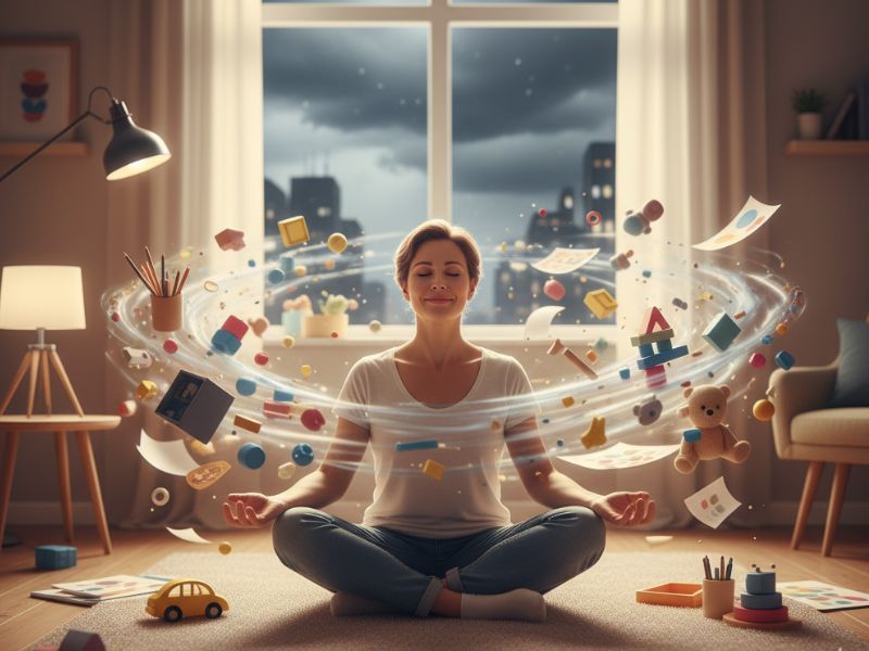 A parent meditates in a room filled with toys and books, multitasking with multiple arms—capturing the balance and overwhelm often faced in mental health for parents and children.”