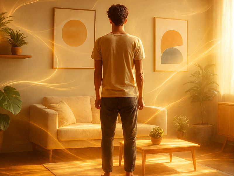 “A person stands in a softly lit room surrounded by glowing digital lines—symbolizing the psychology of home environment as a space for emotional grounding and virtual connection.”