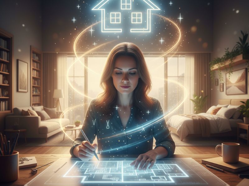 “A woman interacts with a holographic smart home system—highlighting how the psychology of home environment blends technology with emotional control and comfort.”