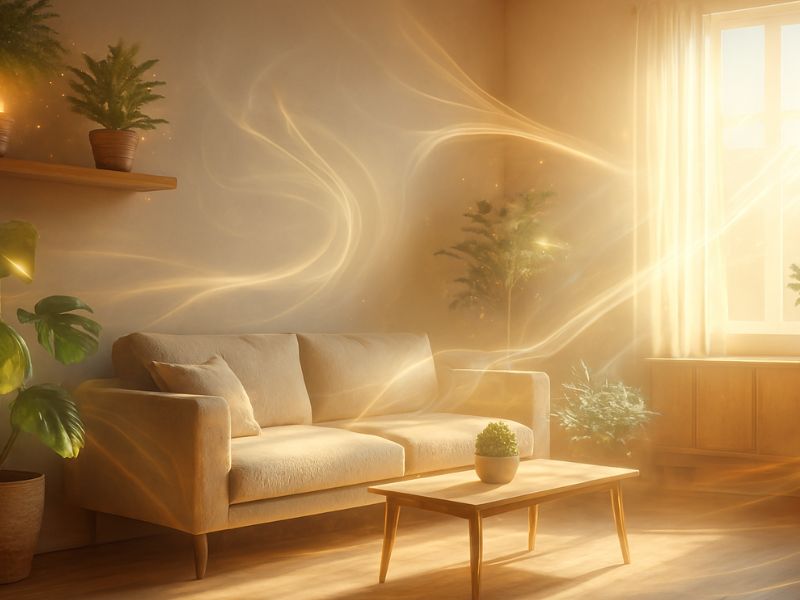 A modern living room infused with glowing digital accents—reflecting the psychology of home environment through aesthetic harmony and tech-enhanced serenity.”