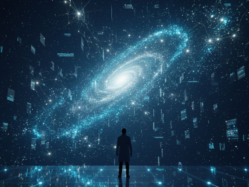 "Figure facing a spiral galaxy surrounded by digital particles—representing cosmic curiosity and the expansive imagination unlocked by Claude AI writing."