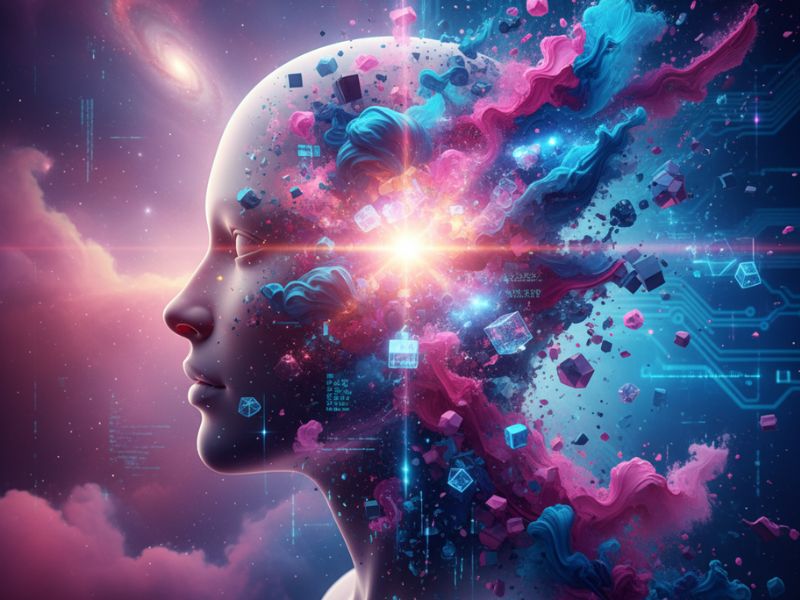 "Side profile of a human head filled with glowing orbs and cosmic patterns—symbolizing creative consciousness and prompt mastery in DALL-E 3 guide."