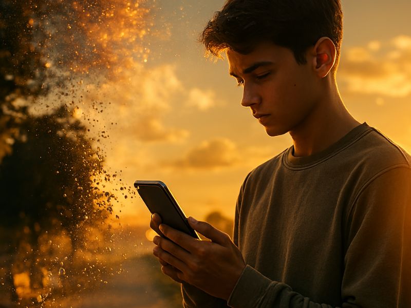 Golden-hour scene of a young person using a smartphone as surroundings dissolve into shimmering particles, evoking AI photo enhancement’s power to reshape reality.”