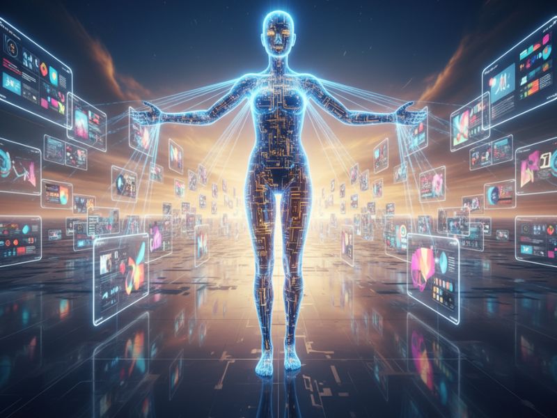 Cybernetic figure standing in symmetry amid holographic data streams, visualizing the creative intelligence of a presentation AI tool blending design, structure, and automation.