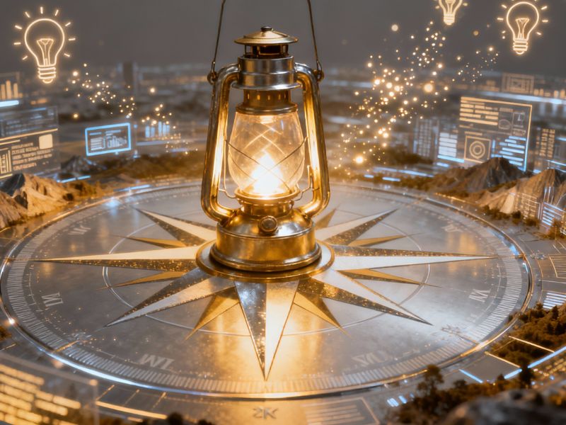 Mystical representation of Google Gemini features—a glowing lantern atop a metallic compass rose, illuminating pathways of AI guidance, clarity, and direction.”