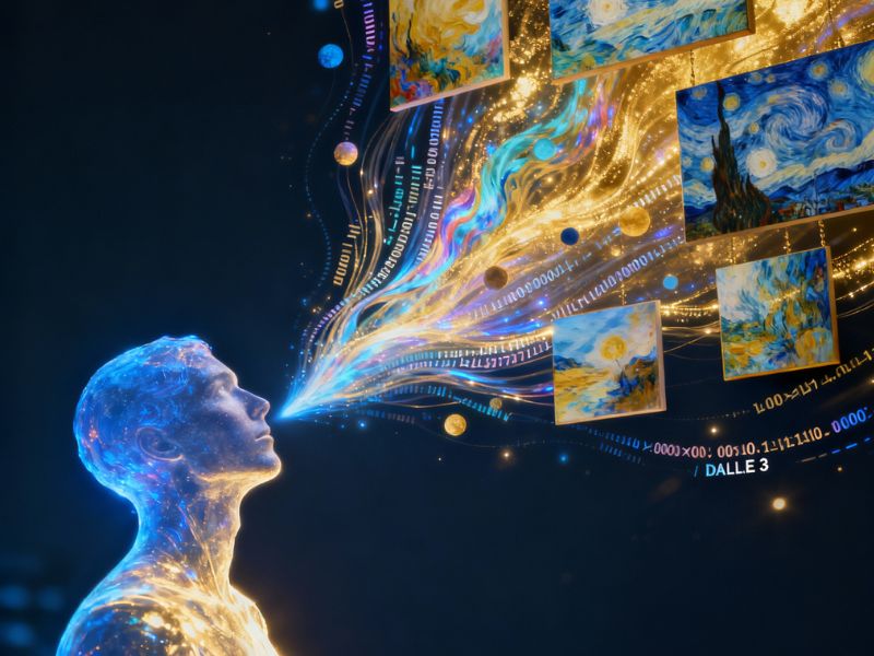 "Radiant figure with flowing light-hair interacting with a glowing celestial orb—depicting imaginative prompt crafting in DALL-E 3 guide."