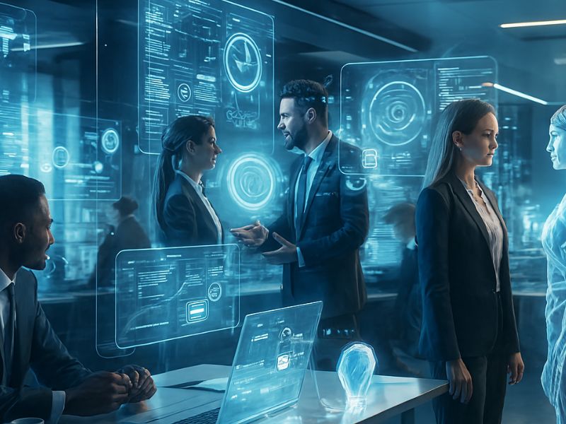 Team of professionals interacting with transparent digital interfaces in a high-tech control room, symbolizing a collaborative AI breakthrough in data visualization and decision-making.