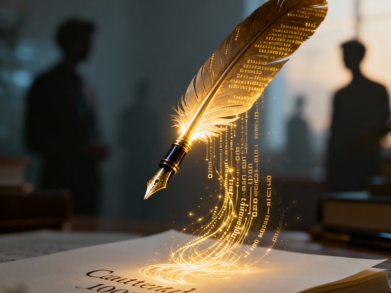 "Golden quill writing on a luminous book with rising particles—evoking the poetic elegance and magical storytelling made possible through Claude AI writing."