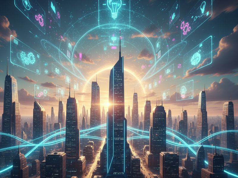 Glowing urban skyline enhanced with holographic elements and sky-bound data streams, representing an AI breakthrough in smart city infrastructure and ambient intelligence.