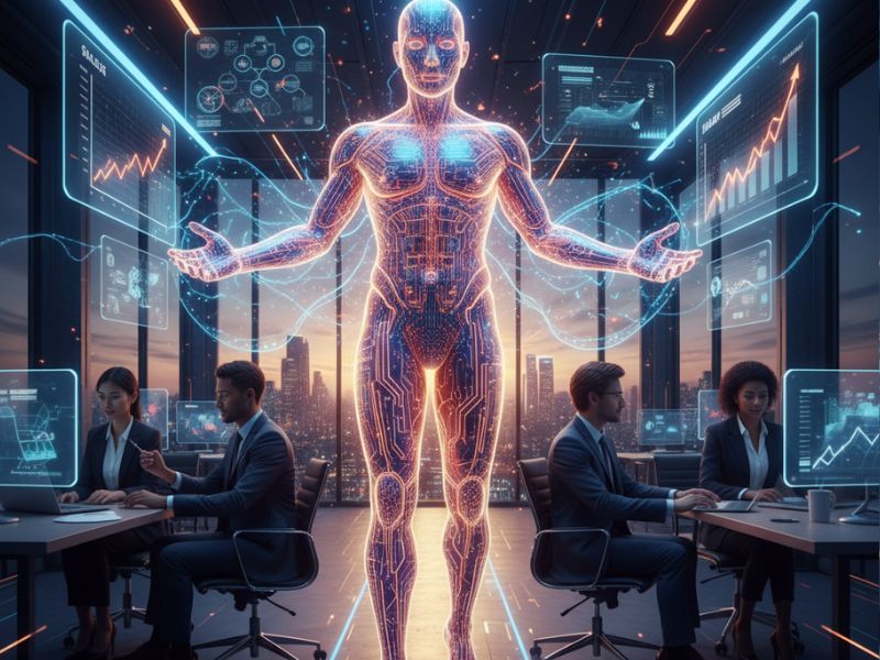 Cybernetic figure surrounded by digital screens and a retail operations team, representing AI for retail enhancing inventory management, customer analytics, and team coordination.