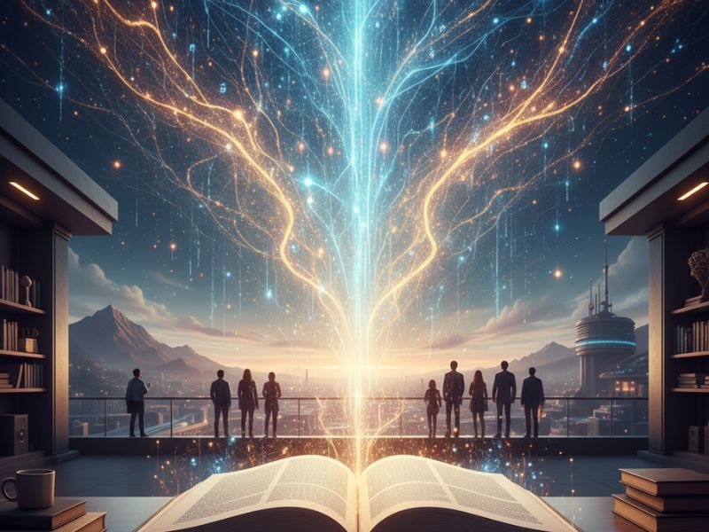 "Group of people gathered around a radiant tree of light emerging from an open book—symbolizing collective learning and spiritual growth through Claude AI writing."