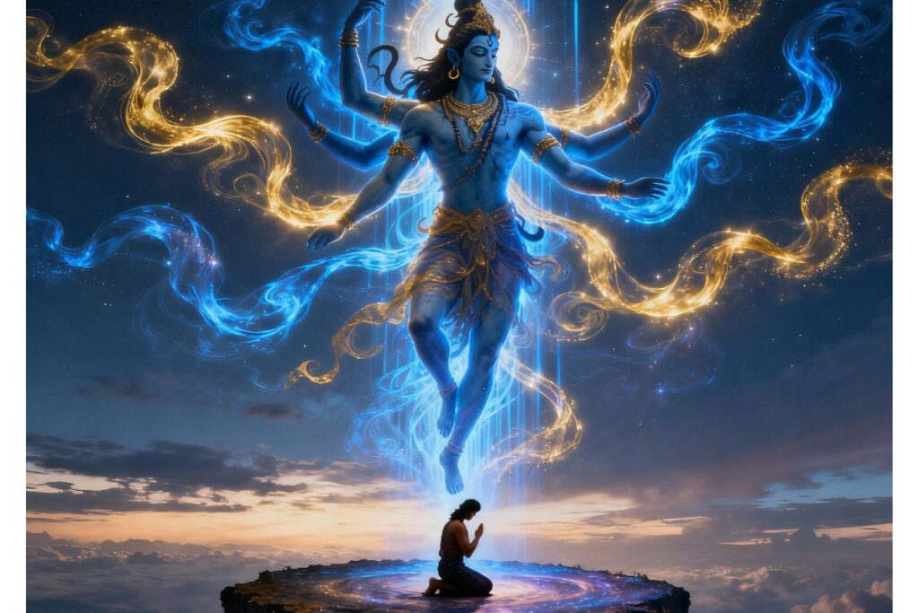 "Divine multi-armed figure radiating cosmic energy above a kneeling devotee—symbolizing reverence, power, and spiritual awakening in Shiva Tandav Stotram in Hindi With meaning