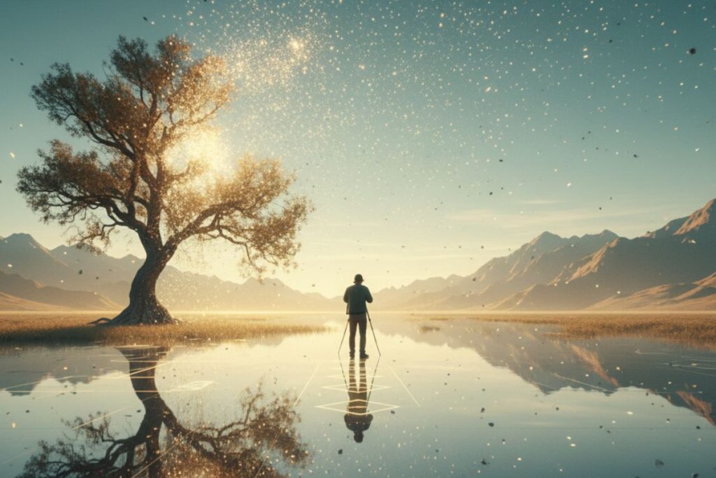 “Dreamlike image of a lone figure approaching a glowing tree in a mirrored lake landscape, symbolizing AI photo enhancement restoring lost emotional depth.”