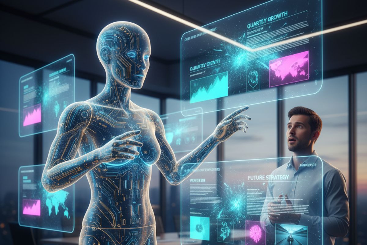 Human and AI entities interacting in a luminous tech room filled with digital displays, symbolizing collaborative storytelling and smart formatting enabled by a presentation AI tool.