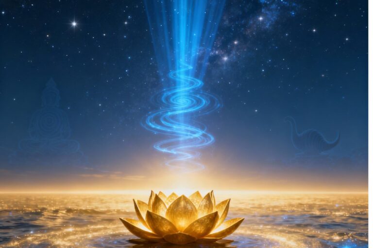 Surreal golden lotus blooming under a starry sky with ascending blue light—symbolizing spiritual awakening and divine energy invoked by Sri Hari Stotra in hindi.