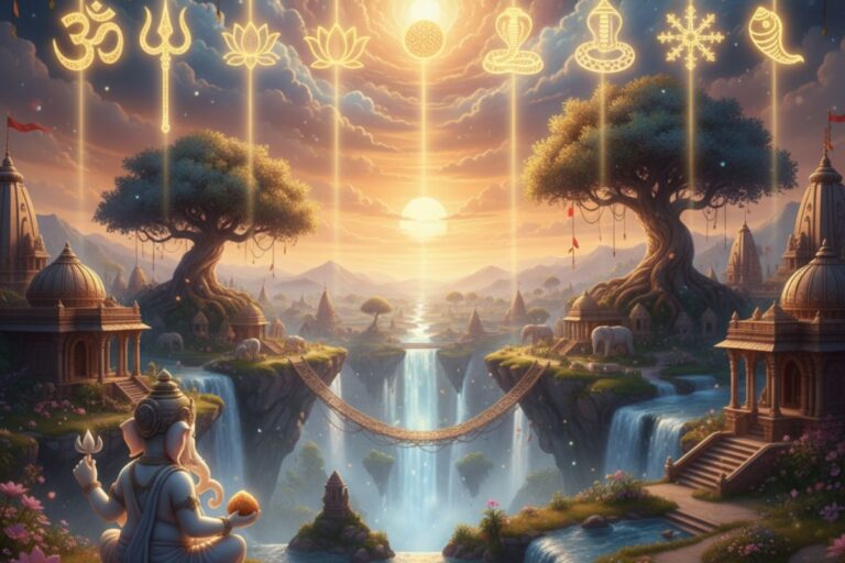 Serene landscape with glowing sunrise, meditating figure, and celestial symbols above temple domes—symbolizing divine unity and the protective grace of Lord Ganesha as invoked in Sankat Nashan Ganesha Stotra in hindi.