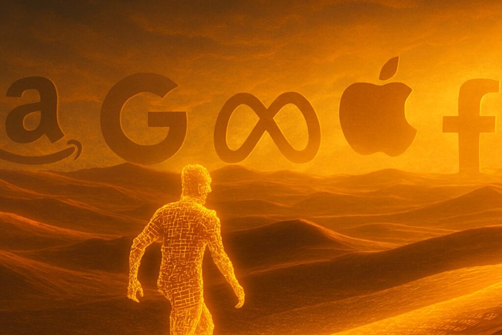 “Glowing humanoid AI walking toward Google and Apple logos, symbolizing integration and pursuit of elite talent in AI hiring trends 2025.”