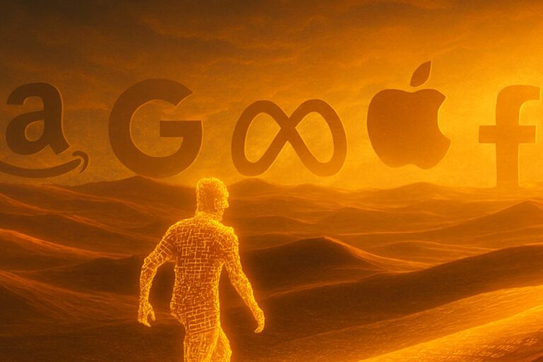 “Glowing humanoid AI walking toward Google and Apple logos, symbolizing integration and pursuit of elite talent in AI hiring trends 2025.”