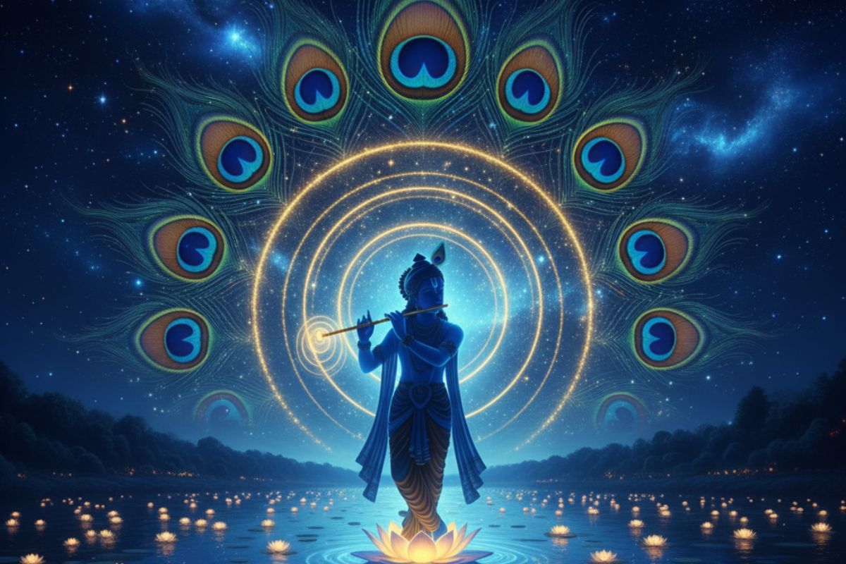 "Divine figure with flute standing on water under a celestial night sky, surrounded by peacock feathers and radiant light—evoking the spiritual essence of Krishna Ashtakam in Hindi."
