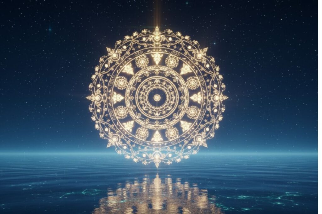 Glowing mandala above reflective water under a starry sky—symbolizing cosmic harmony and spiritual depth evoked by Sri Hari Stotra in Hindi.