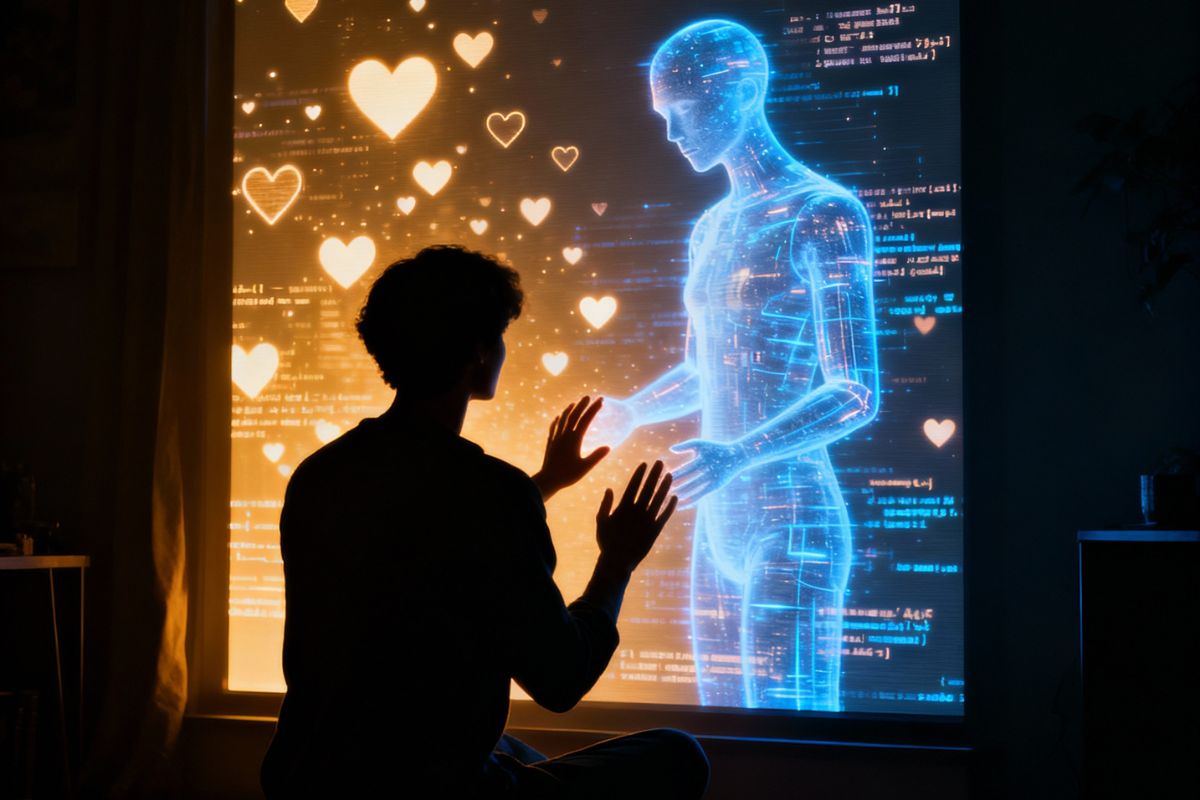 “Individual interacting with a glowing digital figure on a screen, depicting virtual companionship and devotion in the AI relationship trend.”