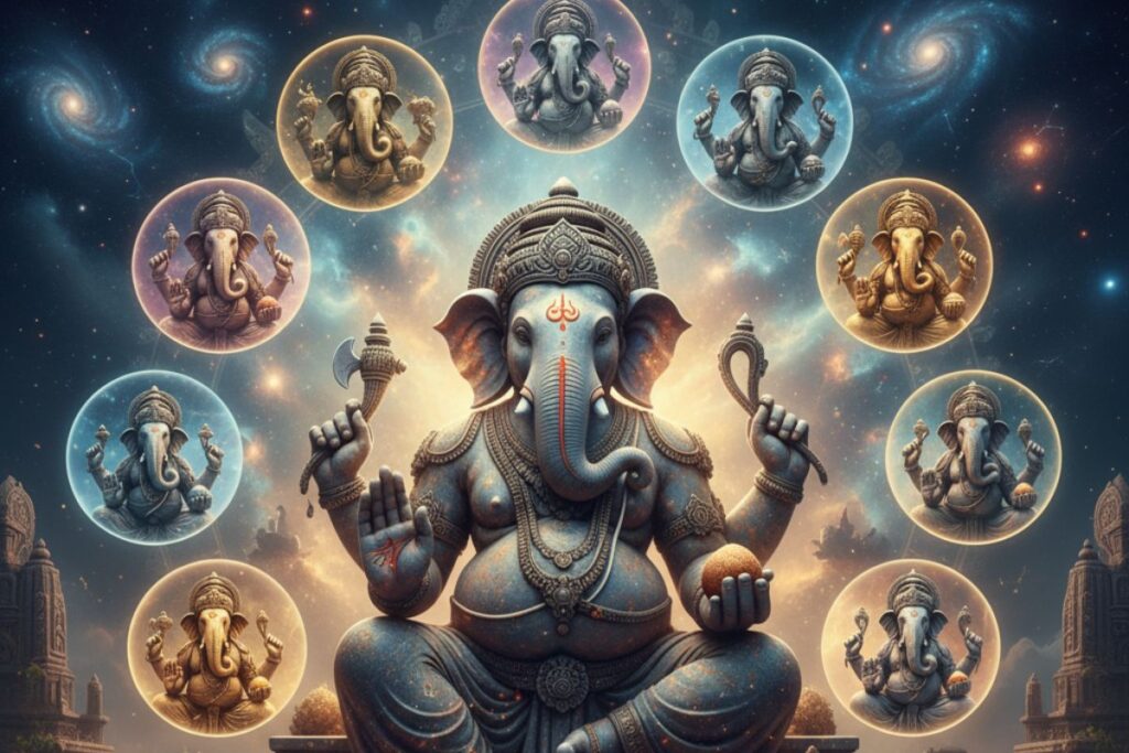 Central image of Lord Ganesha surrounded by ten divine forms, set against a celestial backdrop—symbolizing the twelve-fold protection and blessings described in Sankat Nashan Ganesha Stotra in Hindi."