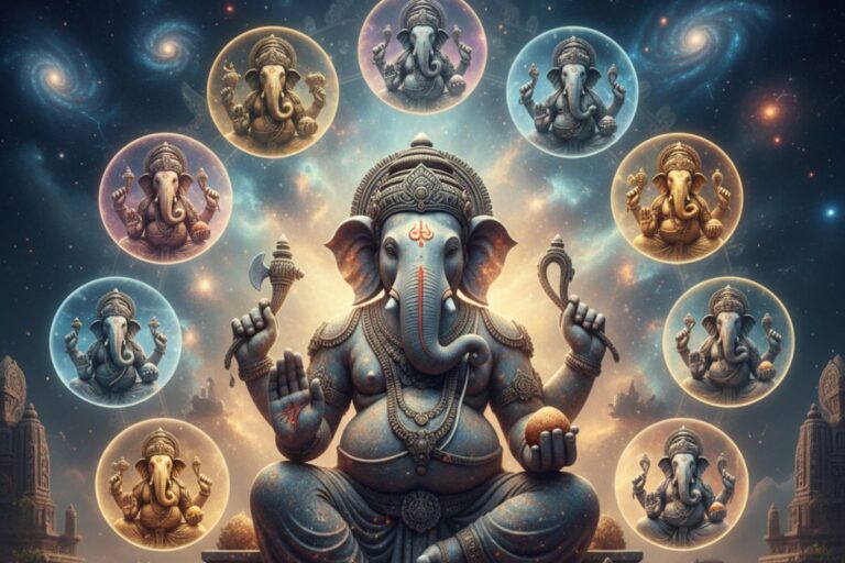 Central image of Lord Ganesha surrounded by ten divine forms, set against a celestial backdrop—symbolizing the twelve-fold protection and blessings described in Sankat Nashan Ganesha Stotra in Hindi."