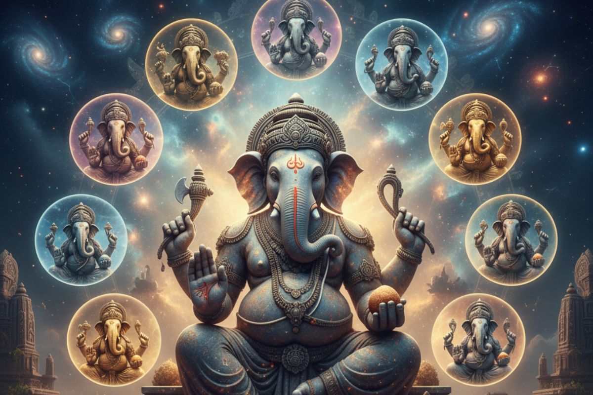 Central image of Lord Ganesha surrounded by ten divine forms, set against a celestial backdrop—symbolizing the twelve-fold protection and blessings described in Sankat Nashan Ganesha Stotra in Hindi."