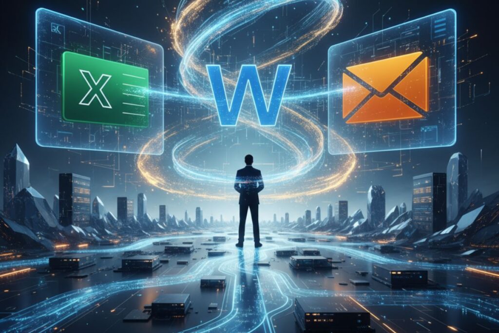 Person in a digital city surrounded by Excel, Word, and email icons—depicting unified digital tools and enhanced productivity in Microsoft Copilot uses."