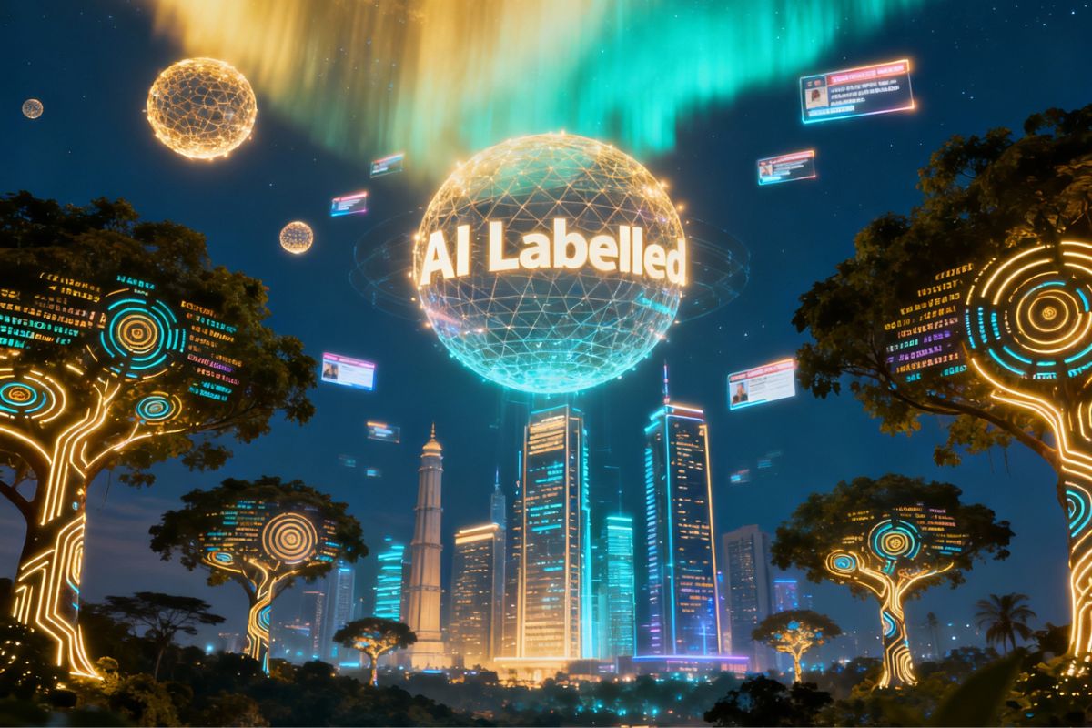 Alt Text: “Digital utopia imagined — glowing spheres labeled ‘LABELS’ illuminate a surreal techscape, reflecting visionary AI tools and future-forward tech updates.”