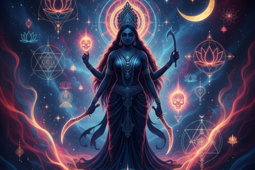 "Mystical multi-armed figure in cosmic light surrounded by arcane symbols—evoking divine power and spiritual transformation in Dakshina Kali Stotra-the kali stotra for protection."