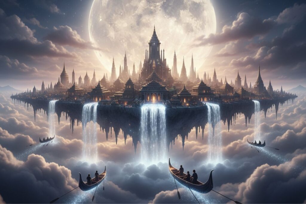 “Boats approach a glowing fantasy city with cascading waterfalls under moonlight — a dreamlike escape where moonlit travel meets the magic of night time wellness.”