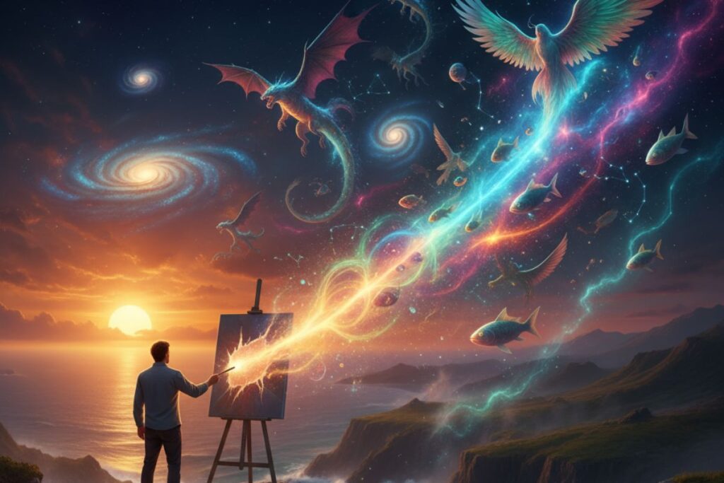 Artist painting swirling galaxies and celestial bodies on canvas under a cosmic sky—symbolizing imaginative DALL·E creations blending human creativity with AI vision."