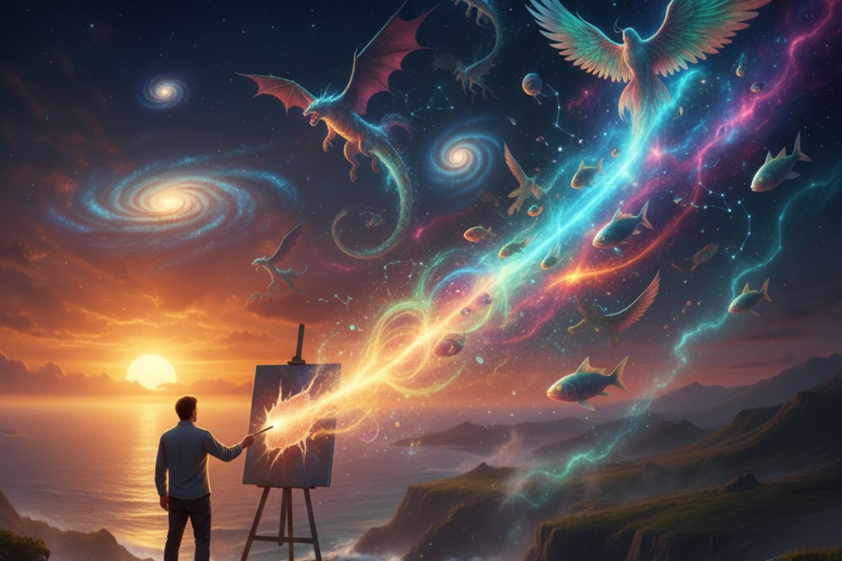 Artist painting swirling galaxies and celestial bodies on canvas under a cosmic sky—symbolizing imaginative DALL·E creations blending human creativity with AI vision."