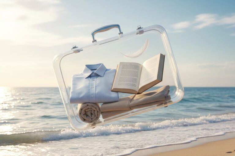 “A surreal glass suitcase floats above the ocean with weightless essentials—evoking freedom and minimalist travel organization tips.”