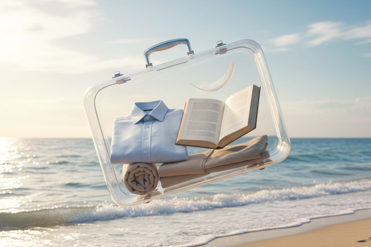 “A surreal glass suitcase floats above the ocean with weightless essentials—evoking freedom and minimalist travel organization tips.”
